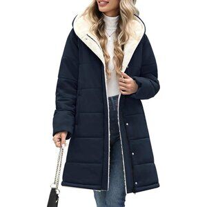 Women's Long Navy Hooded Puffer Down Jacket Coat Fleece Warm Fashion Outerwear